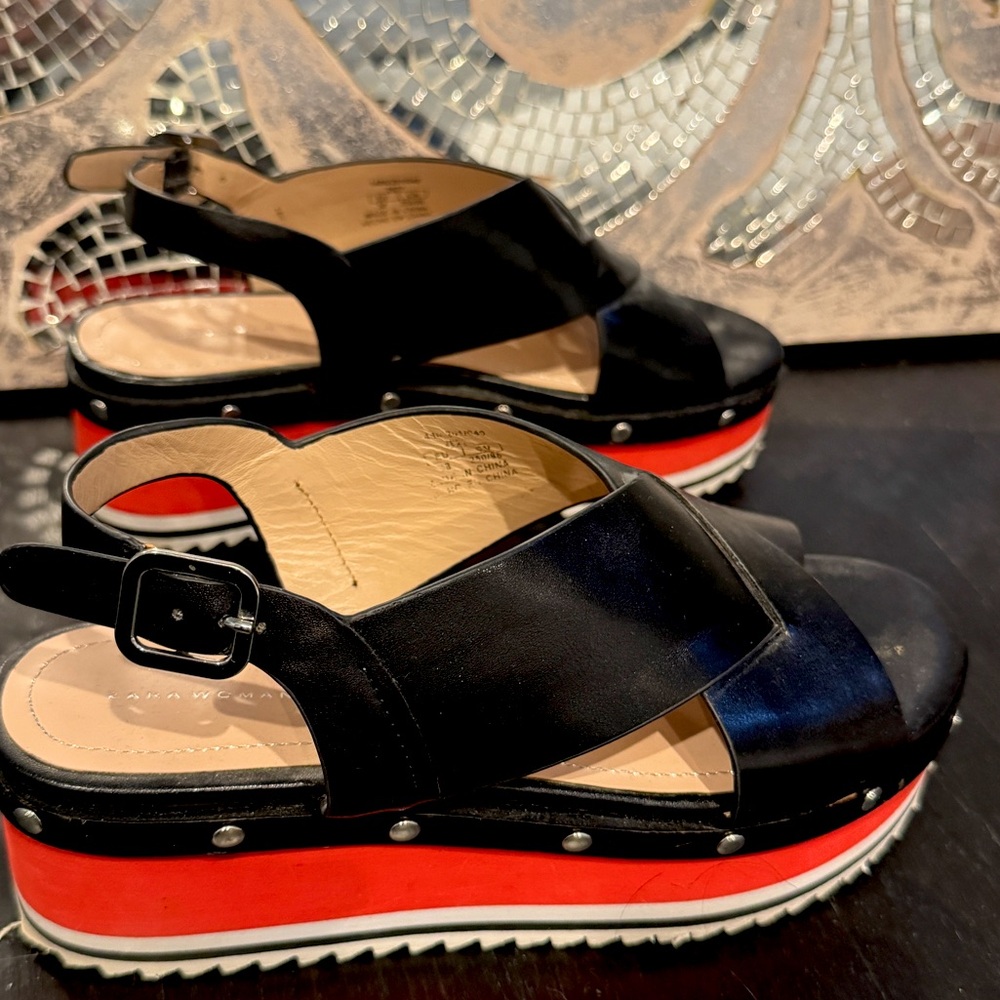Zara Platform Sandal 7.5/38 Black Leather, Red base, Rivet detail lightweight